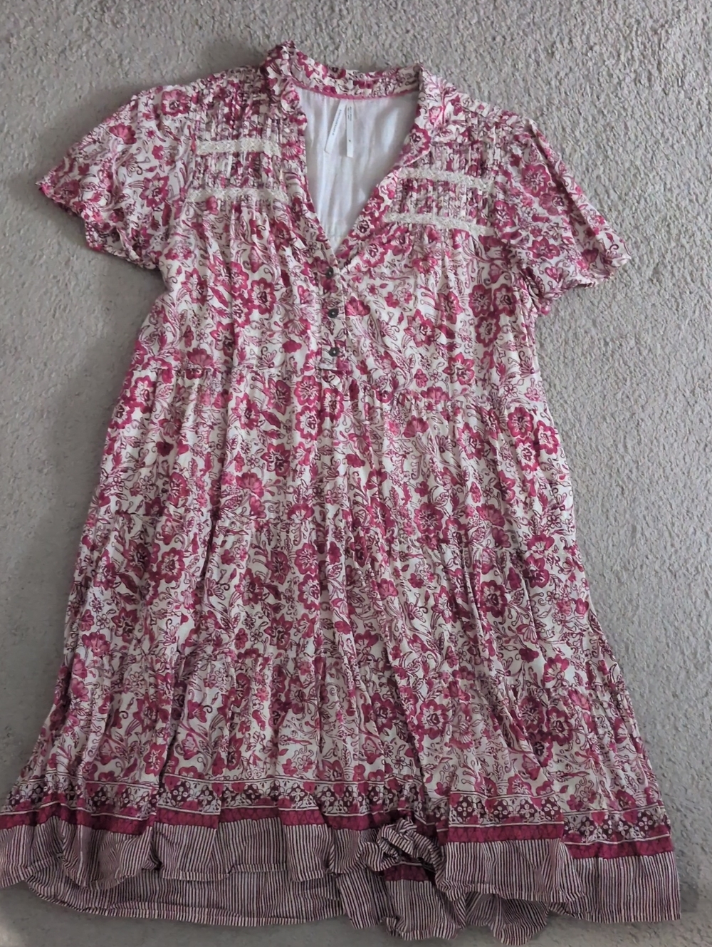 Anthropologie Cream Top with Pink Floral Trim